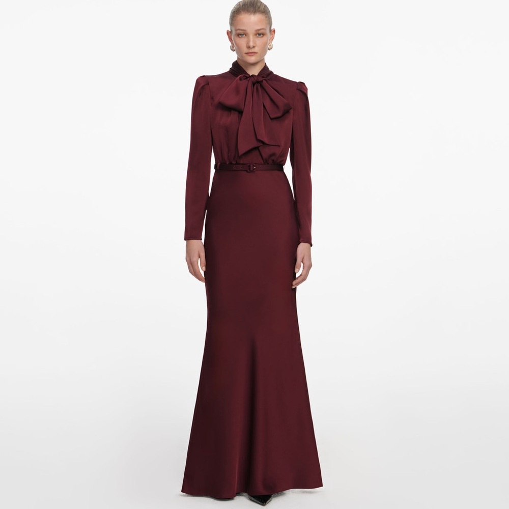 Self-Portrait NWOT BURGUNDY TIE NECK SATIN MAXI DRESS - Picture 1 of 6